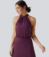 Mock Neck Sleeveless Keyhole Back Stretchy Satin-Like InstantCool Midi Dress