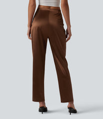 High Waisted Satin Work Tapered Pants with Pockets