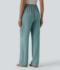 Mid Rise Drawstring Straight Leg Casual Linen-Feel Cargo Pants with Pockets