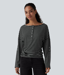 Henley Neck Long Sleeve Stripe Casual Top