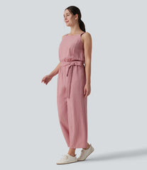 Square Neck Adjustable Straps Sleeveless Belted Stripes Casual Linen-Feel Jumpsuit with Pockets-Easy Peezy