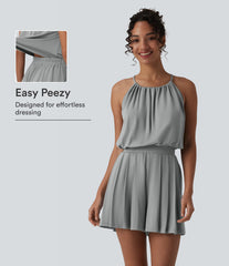 Halter Sleeveless Tie-back Pleated Casual Romper with Pockets-Easy Peezy
