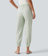 Mid Rise Cotton Linen Casual Joggers with Pockets