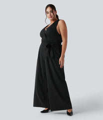 V Neck Sleeveless Belted Stripe InstantCool Work Plus Size Jumpsuit with Pockets-Easy Peezy