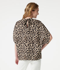 Mock Neck Tie Back Batwing Short Sleeve Ruched Leopard Print Work Blouse