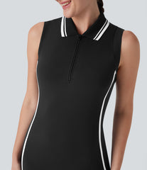 SoftlyZero™ Airy Color Block Polo Zip Sleeveless Bodycon InstantCool Mini Casual Dress-UPF50+