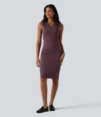 V Neck Sleeveless Tummy Control Built-in Shapewear Midi Work Dress