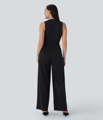 V Neck Sleeveless Belted Stripe InstantCool Work Jumpsuit with Pockets-Easy Peezy