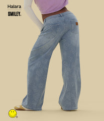Halara X Smiley® Halara Flex™ Asymmetric Low Rise Baggy Wide Leg Washed Casual Jeans with Pockets