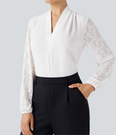 V-neck Long Sleeve Contrast Lace Work Blouse