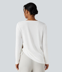 Deep V-neck Long Sleeve Drawstring Hem Casual Top