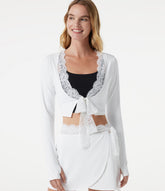 SoftlyZero™ Plush Long Sleeve Thumb Hole Tie Front Contrast Lace Cropped Yoga Sports Top