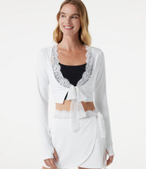SoftlyZero™ Plush Long Sleeve Thumb Hole Tie Front Contrast Lace Cropped Yoga Sports Top