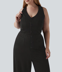 Plus Size V Neck Sleeveless Cut Out Wide Leg InstantCool Stripe Work Jumpsuit with Pockets