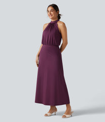 Mock Neck Sleeveless Keyhole Back Stretchy Satin-Like InstantCool Midi Dress