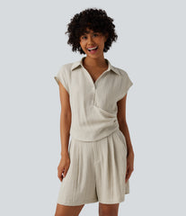 Cap Sleeve Ruched Casual Linen-Feel Shirt