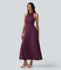 Mock Neck Sleeveless Invisible Zipper Midi Stretchy Satin-Like InstantCool Bridesmaid And Wedding Guest Flowy Dress with Pockets