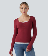 Ribbed Knit Long Sleeve Thumb Hole Contrast Lace Casual Top