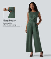 Round Neck Sleeveless Crossover Waist Work Straight-leg Jumpsuit with Pockets-Easy Peezy