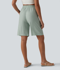 High Waisted Drawstring Casual Linen-Blend Bermuda Shorts 10'' with Pockets