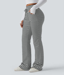 High Waisted Drawstring Tummy Control Stripe Waffle Flare Casual Pants with Pockets