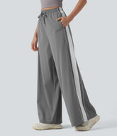 High Waisted Drawstring Wide Leg Stripe Quick Dry InstantCool Running Pants with Pockets-UPF40+