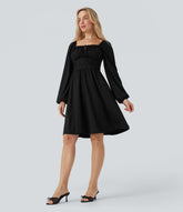 Square Neck Long Sleeve Lace Up Corset Tie Back Mini Casual Dress