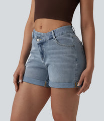 Halara Flex™ Asymmetric High Waisted Rolled Hem Washed Denim Casual Shorts with Pockets