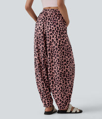 High Waisted Flowy Leopard Print Waffle Casual Baggy Joggers with Pockets