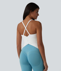 Scoop Neck Crisscross Back Crossover Hem Built-in Bra Yoga Cami Top DD-F Cups