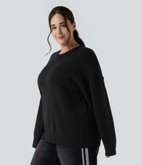 Round Neck Dropped Shoulder Long Sleeve Casual Plus Size Sweater