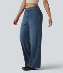 Halara Flex™ Mid Rise Adjustable Hem Draped Lyocell Washed Casual Baggy Wide Leg Jeans with Pockets
