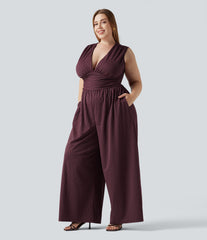 Plus Size Deep V Neck Built-in Bra Sleeveless Ruched Cool Touch Stripe Work Jumpsuit with Pockets-Easy Peezy Edition