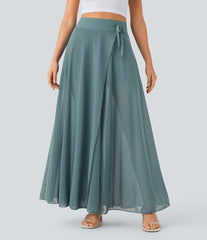 High Waisted Drawstring Contrast Mesh 2-in-1 Pocket Flowy Maxi Flare Casual Skirt