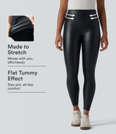 High Waisted Tummy Control Stretchy PU Casual 7/8 Leggings with Pockets