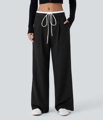 Double-Layer Color Block Low Rise Drawstring Pocket Wide Leg Casual Pants