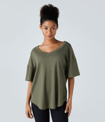 V Neck Dropped Shoulder Curved Hem Relaxed Waffle Casual T-Shirt