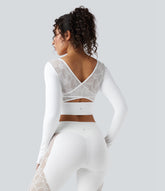 SoftlyZero™ Push-Up Long Sleeve Thumb Hole Contrast Lace Cropped Yoga Sports Top-UPF50+