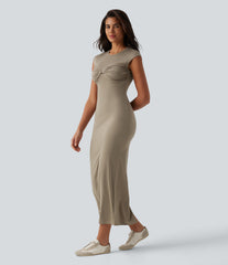 Round Neck Twisted Short Sleeve Split Midi Casual T-Shirt Dress