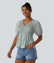 V Neck Puff Short Sleeve Shirred Casual Blouse
