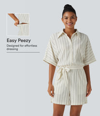 Collar Batwing Sleeve Tie Stripes Casual Romper with Pockets-Easy Peezy