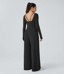 V Neck Long Sleeve Pocket Wide Leg Casual Jumpsuit