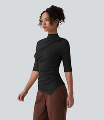Ribbed Knit Mock Neck Half Sleeve Ruched Asymmetric Hem Casual Top