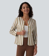 Round Neck 3/4 Sleeve Decorative Button Color Block Stripes Slim Work Blazer