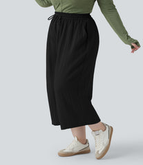 High Waisted Drawstring Wide Leg Cropped Casual Linen-Feel Plus Size Pants with Pockets