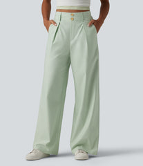 High Waisted Wide Leg Casual Cotton Linen Pants with Pockets