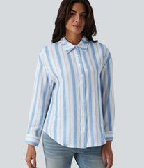 Collar Long Sleeve Stripes Linen-Feel Casual Shirt