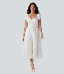 Queen Anne Neck Puff Sleeve Shirred Midi Casual Tiered Dress with Pockets