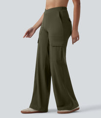 DayStretch V-Shaped High Waisted Wide Leg Casual Cargo Pants with Pockets