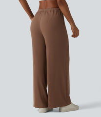 High Stretch Ribbed Knit Mid Rise Drawstring Baggy Casual Pants with Pockets